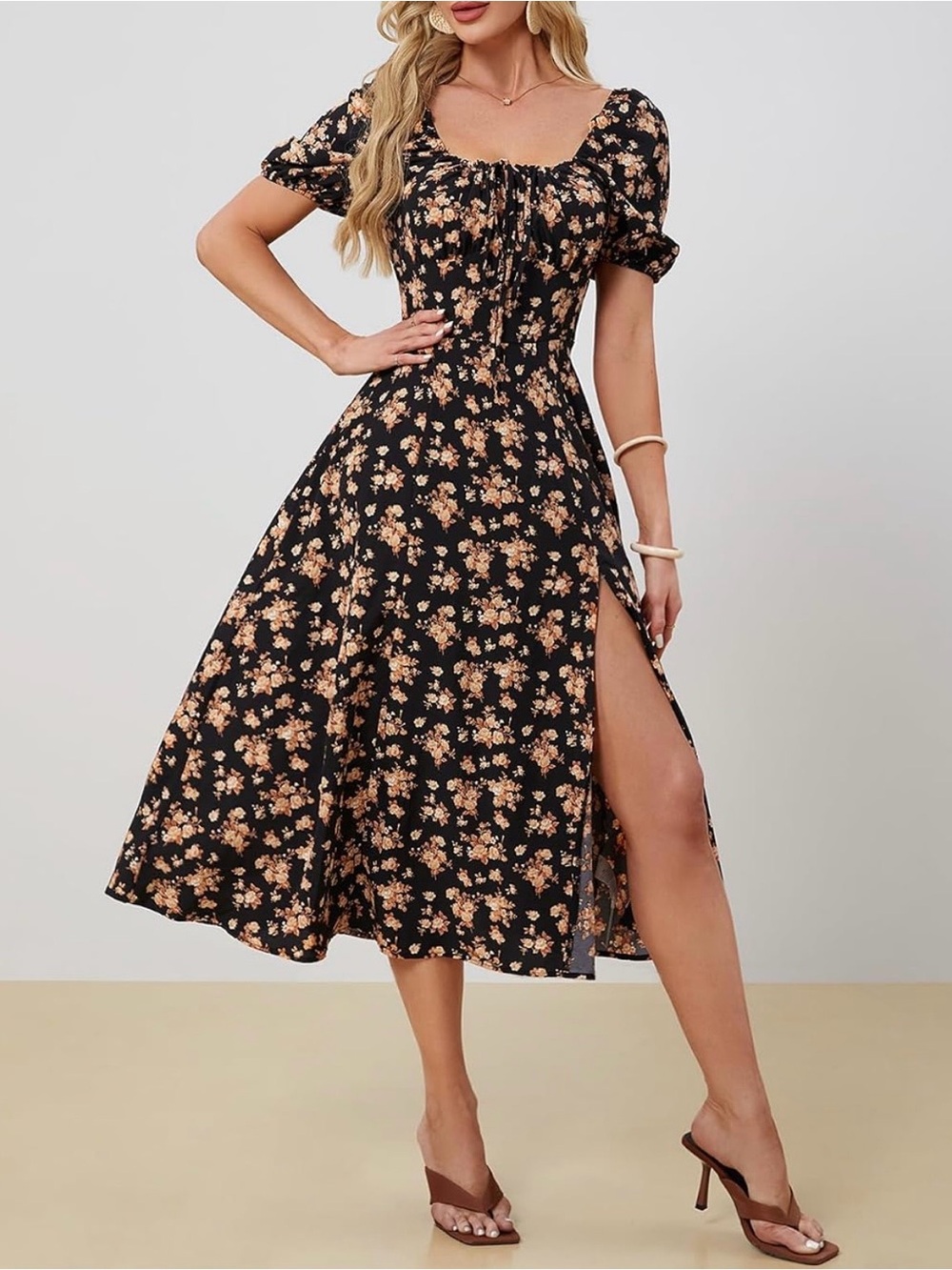 Floral Square-Neck Midi Dress in Black and yellow